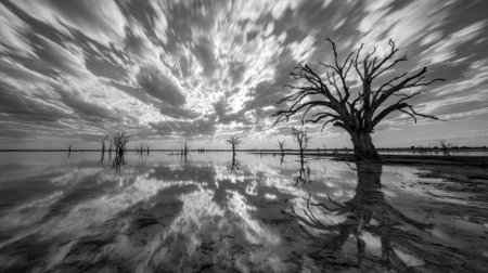 A grayscale landscape photograph presents bare trees reflected in still water under a dynamic, cloud-filled sky. The image utilizes a high contrast black and white palette, emphasizing texture and form. Suitable for editorial use, this image evokes a sense of stillness and contemplation, potentially used in environmental or artistic projects.の素材