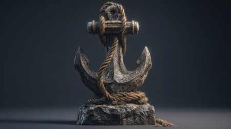 This image features a detailed anchor intricately wrapped with rope, resting on a stone base. The composition presents a macro-level view, showcasing the textures and materials. The scene is set against a dark backdrop, possibly in a studio setting. This image could be used in various commercial and design applications.の素材