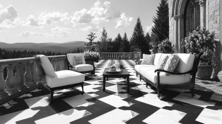An outdoor seating arrangement is captured in monochrome. A sofa and chairs surround a low table on a checkered floor. The scene is on a terrace overlooking a landscape with trees and mountains. The lighting suggests a daytime setting. This image could be used for home decor or lifestyle concepts.の素材