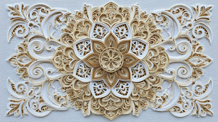An intricate paper artwork displays a layered floral mandala design. The composition uses cream and gold hues with textured details. Soft lighting highlights the paperの素材