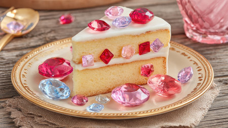 A slice of layered cake is decorated with vibrant, gem-like candies. The composition features a close-up shot with soft lighting and a blurred background. The textures of the cake and the gems are highlighted, suggesting a sweet treat. Suitable for illustrating food-related concepts or design projects.の素材