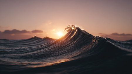 An ocean wave, illuminated by the setting sun, dominates the scene. The water displays dark, textured surfaces with crests catching the warm sunlight. The composition features a balanced view of water and sky. The image could be used in various commercial and editorial contexts.の素材