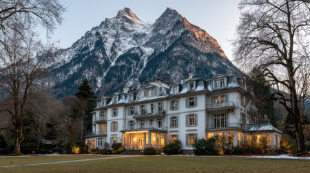 A large, multi-story building dominates the foreground, set against a backdrop of towering, snow-covered peaks. The facade features numerous windows and balconies, with a classic architectural style. The scene is illuminated by soft lighting, suggesting a daytime environment. This image is suitable for various commercial and editorial applications.の素材