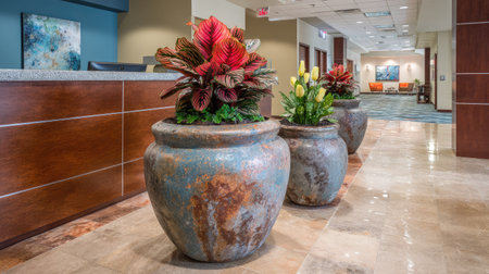 Three decorative potted plants, showcasing vibrant red and yellow foliage, stand on a polished floor. The scene is bathed in soft sunlight, with a hint of a reception desk in the background. The composition is well-lit, suitable for various commercial and editorial projects, offering a clean and inviting aesthetic.の素材