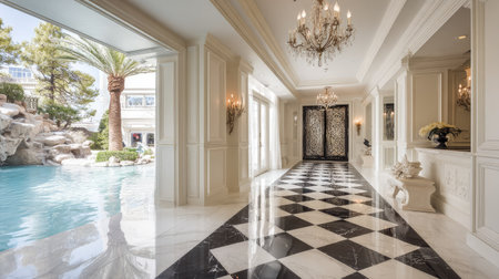 This photograph captures a sophisticated interior hallway featuring a striking black and white checkered marble floor. The space is adorned with a crystal chandelier, ornate wall details, and an open view to an outdoor pool area. The composition is well-lit and may be suitable for illustrating concepts related to luxury, design, or commercial projects.の素材