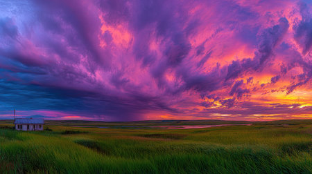 A stunning sunset showcases vibrant pinks, purples, and oranges across the sky. The expansive clouds dominate the frame, hovering over a green field with a small building. The scene evokes a sense of vastness and natural beauty, suitable for a variety of creative and editorial applications.の素材