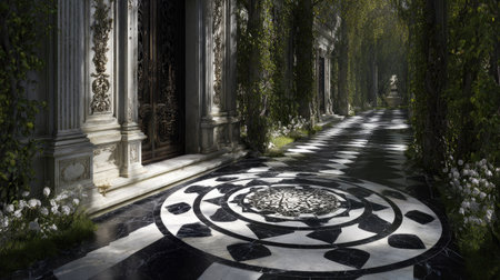 An architectural composition presents a pathway with intricate black and white flooring leading to an entrance. The scene features classical columns and lush greenery. Soft lighting creates shadows that add depth. It could be used for artistic backgrounds, travel content, or editorial layouts.の素材