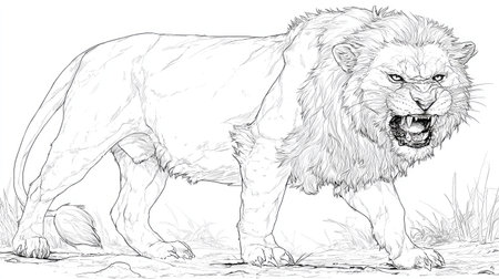 A detailed black and white illustration presents a powerful lion in a dynamic pose. The drawing exhibits intricate line work, focusing on the lion's mane and facial expression. The artwork uses grayscale to highlight texture and form. Suitable for editorial or commercial applications that require impactful animal imagery.の素材