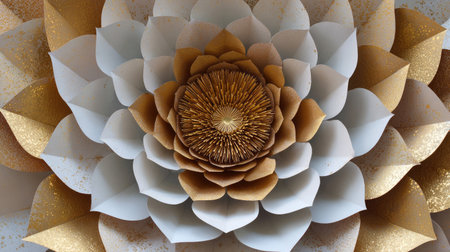 This image presents a meticulously crafted paper flower with a detailed golden center and layered petals. The design incorporates a combination of white and gold tones, creating a visually appealing composition. Its intricate textures and symmetrical form make it suitable for various creative projects and editorial uses. The image is well-lit and appears to be photographed indoors.の素材
