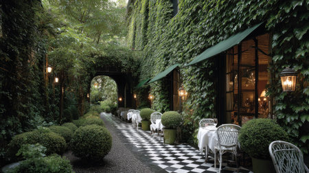 An outdoor dining scene showcases tables set against a backdrop of climbing plants and natural foliage. The pathway features a checkered pattern, guiding the eye towards an arched entrance. Warm lighting adds to the ambiance, creating a tranquil atmosphere. Ideal for commercial projects related to hospitality and design.の素材