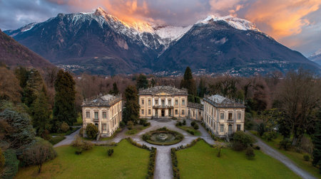 A grand building complex with symmetrical design stands amidst a green landscape under a vibrant sunset sky. Snow-capped mountains form a scenic backdrop to the classic architecture. The composition, with its warm colors and soft lighting, suggests potential use for travel, design, or promotional content.の素材