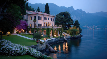 A large, multi-story building sits at the edge of a calm lake, with its windows glowing. The architecture is classic with symmetrical design. A green lawn and flowering plants decorate the foreground. The scene is bathed in the soft light of dusk, suggesting a tranquil environment suitable for various commercial purposes.の素材