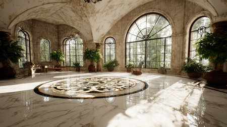 This image presents a spacious interior with large arched windows, providing a view to the exterior. The room features a polished marble floor and decorative ceiling, while potted plants are visible. This composition's style, with its natural lighting, could be suitable for architectural, design, or lifestyle publications.の素材
