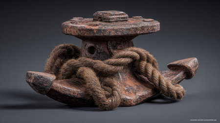 An anchor with aged, rusty textures and a coiled rope dominates the frame, with the rope wrapped around it. The design features a weathered, three-dimensional style, and is set against a simple, shadowed background. This image can serve various uses, from illustrations to graphic designs, offering a sense of maritime themes.の素材