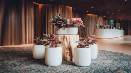 A composition featuring several potted plants arranged on a wooden structure, set against a backdrop of wooden paneling. The scene showcases a variety of plants with differing leaf colors, held in pristine white pots. The lighting suggests an indoor environment, appropriate for various uses.の素材