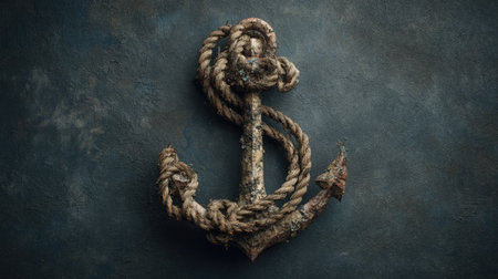 A detailed depiction showcases a rope-textured anchor resting against a dark, weathered backdrop. The image features a textured surface, possibly suggesting an aged or maritime theme. This style could be suitable for editorial or commercial projects, emphasizing concepts such as stability or history. The lighting appears to be focused, enhancing the visual impact.の素材