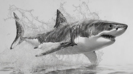 A monochrome image depicts a great white shark emerging from water. The shark, with its distinctive dorsal fin, is captured in mid-leap, surrounded by splashing water droplets. The composition uses dynamic lighting, creating a dramatic contrast. Suitable for various commercial and editorial purposes.の素材