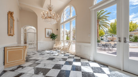 A grand hallway features a black and white checkered floor and large arched windows, offering a view of outdoor greenery. The space is illuminated by natural light and a chandelier. This architectural interior may be suitable for various commercial projects, including real estate and design publications.の素材