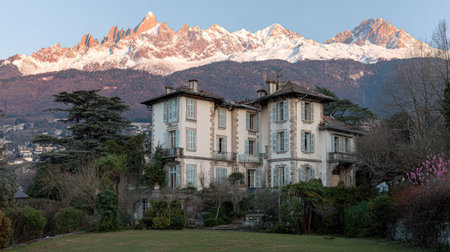 This image presents a stately building set against a backdrop of snow-capped mountains. The architecture features classic design elements. The scene, illuminated by natural light, includes greenery in the foreground. It could be used to illustrate concepts of luxury, travel, or real estate, suitable for various commercial applications.の素材