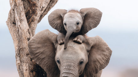 An adorable elephant calf sits atop its mother in this nature scene. The image displays a close-up view with soft colors. A tall, slender tree trunk stands to the left. This image can be used for various purposes, including editorial content or wildlife projects.の素材