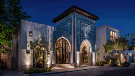 An architectural exterior at night displays a decorative facade and illuminated entrance. The composition shows a building with an archway and detailed tilework, contrasting with the smooth walls and dark sky. This image suggests an inviting setting suitable for promotional or design content.の素材