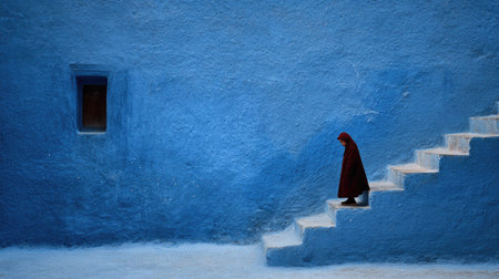 A solitary figure ascends a staircase within a building. The image showcases a bold color palette, emphasizing the deep azure walls and bright steps. Natural light and shadow play across the textures. It evokes a sense of journey or reflection. Suitable for various editorial and commercial applications.の素材