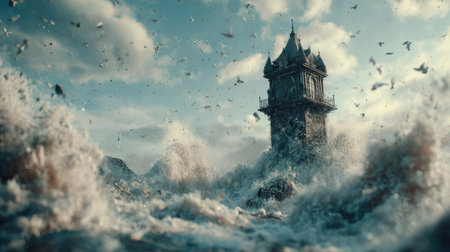 A tall tower rises amidst swirling clouds and numerous birds in this atmospheric composition. The image features cool tones and a dramatic use of light and shadow, suggestive of a fantastical realm. Ideal for editorial and commercial applications, the scene offers an intriguing visual for various creative projects.の素材