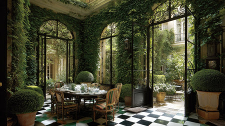 This image showcases a luxurious dining setting with a round table and chairs. The room features large glass doors opening to an outdoor garden, creating a seamless transition between the indoors and outdoors. Abundant greenery adorns the walls and around the doors, complemented by the checkered floor, creating a sense of opulence and sophistication suitable for various commercial applications.の素材