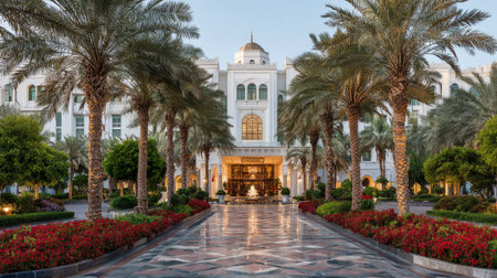 A grand building with ornate details stands centered, framed by rows of palm trees and a paved pathway. Red flowerbeds line the walkway leading to the entrance. The composition uses symmetry, the style is classical, and the lighting appears natural. Suitable for illustrating hospitality or travel concepts.の素材