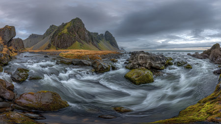 A scenic view captures a river cascading through a rocky landscape, dominated by a majestic mountain. The image showcases a composition of natural elements, featuring flowing water, dark rocks, and lush vegetation beneath a cloudy sky. This photo could be used for editorial purposes, travel features, or environmental awareness campaigns.の素材