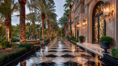 An opulent mansion entrance features a geometric walkway lined with palm trees. The scene showcases elaborate architectural elements, warm lighting, and a fountain. The image could be used to represent luxury, real estate, or design concepts. The composition creates a visually appealing setting suitable for various commercial purposes.の素材