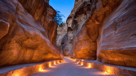 A narrow canyon passage is highlighted by a trail of lights, creating a warm glow. The rock walls exhibit textured surfaces and warm colors under artificial illumination. The composition suggests a sense of depth and perspective, possibly for editorial or travel-related publications.の素材