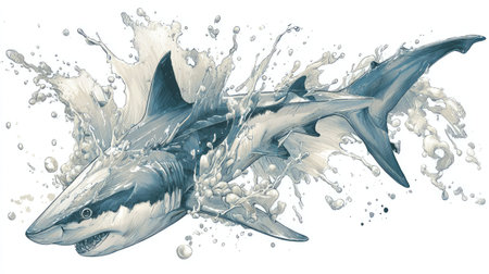 A stylized image features a shark breaching water, captured mid-action with dynamic splash effects. The artwork employs shades of blue and white with a textured appearance. This illustration, with its aquatic theme and detailed rendering, may be suitable for educational materials or design projects.の素材