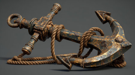 This detailed render showcases a weathered metal anchor, wrapped with sturdy rope. The image displays rich textures and a warm color palette. The composition features overhead lighting, casting subtle shadows. It could be used in various commercial contexts, including illustrations or design projects with nautical themes.の素材