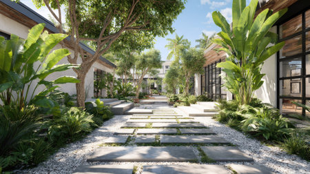 An exterior view showcases a paved walkway lined with vibrant green plants and trees. The architectural design features light-colored walls, glass panels, and wooden accents. The composition benefits from natural lighting, creating shadows and highlighting textures. This image is suitable for architectural, design, or lifestyle content.の素材