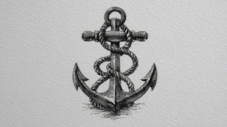 This monochrome illustration features a detailed rendering of an anchor with intricately designed rope. The composition presents a front view of the object, highlighting its metallic texture and artistic style. The artwork, likely created digitally or with traditional tools, may serve various commercial and editorial needs.の素材