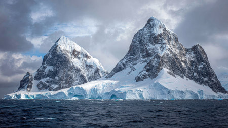 Two majestic, snow-capped mountains emerge from icy waters beneath a dramatic, overcast sky. The image showcases a landscape of white snow, blue ice, and dark, choppy ocean. The composition focuses on the mountain peaks, with potential uses for environmental themes or travel-related materials.の素材