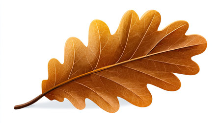This image features a detailed illustration of a single oak leaf. The leaf exhibits a rich brown color with visible veins and textures. It is rendered in a digital style and presented against a clean white background. The artwork is suitable for a variety of applications, including design projects and educational materials.の素材