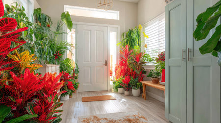 An interior scene features an entrance hall adorned with various potted plants. Red, yellow, and green foliage create a colorful display. Natural light floods the space, illuminating a white door and wooden bench. This image is suitable for commercial and editorial applications related to home decor and nature.の素材
