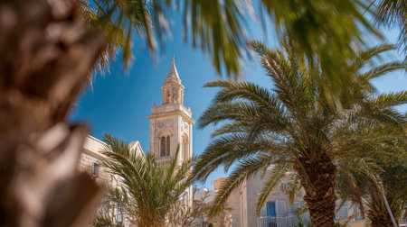 A tall building featuring a prominent tower is visible, framed by the overlapping leaves of palm trees. The composition utilizes selective focus, with the tower and vegetation in sharp detail against a blurred background. Bright sunlight illuminates the scene, suggesting a warm environment, suitable for architectural or travel-related content.の素材