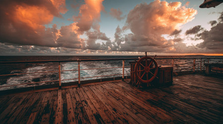 A ship's wheel sits on a weathered wooden deck, with a vast ocean stretching toward the horizon. The scene is bathed in the warm hues of a sunset, with dramatic clouds dominating the sky. This image could be used for various purposes, including travel, adventure, and atmospheric themes.の素材