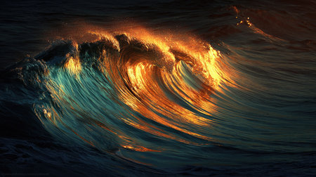 A large ocean wave is captured in a dynamic moment, illuminated by warm sunlight. The composition displays a textured surface with a rich spectrum of colors. This could be used for various purposes, including design, illustration, and potentially for commercial applications related to nature and water.の素材