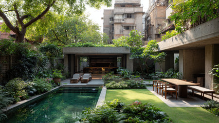 An exterior shot showcases a house with a pool and lush green garden. The scene features a pool, seating areas, and a wooden dining table. The image portrays natural light, creating a relaxed and inviting ambiance. Suitable for uses related to architecture, lifestyle, and real estate.の素材