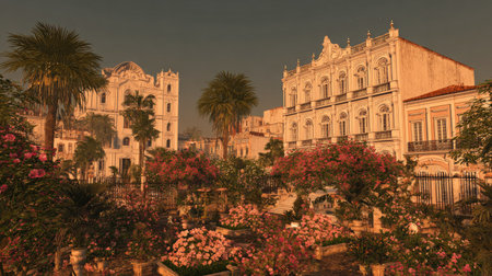 Grand buildings and blooming gardens create a picturesque scene. The image showcases classical architecture, lush foliage, and a variety of colorful flowers. The warm lighting suggests a sunset, and the overall composition is inviting. This could be used for travel, design, or historical content.の素材
