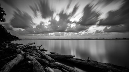 This black and white landscape photograph depicts a serene scene of still water reflecting dynamic cloud formations. Weathered logs lie in the foreground, creating a sense of depth. The image exhibits a long exposure technique, rendering a dreamy aesthetic. Ideal for various commercial and editorial applications.の素材