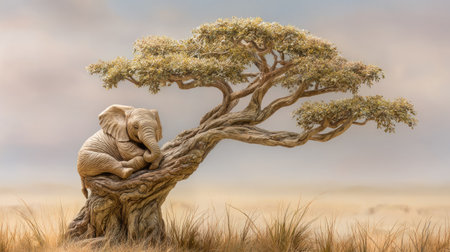 An elephant is seen resting comfortably on a large tree branch under soft daylight. The image presents warm colors, with a shallow depth of field emphasizing the subject. This visual composition may be suitable for editorial content or illustrative purposes within the context of nature or conservation.の素材