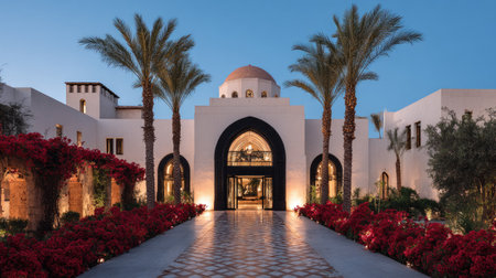 An architectural exterior showcases a white building with a central archway. Palm trees frame the structure, while vibrant red flowers line the walkway. The image features a twilight setting with soft lighting. It can be used for travel, tourism, or luxury lifestyle related commercial projects.の素材