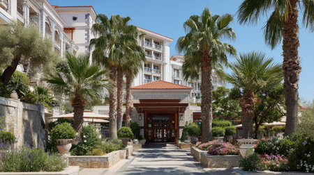This image features a building exterior surrounded by lush greenery and palm trees, set against a clear blue sky. The architecture showcases modern design. The composition, with its natural lighting, suggests a sunny day and can be used for commercial and editorial purposes.の素材