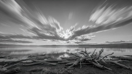 A black and white landscape photograph depicts a body of water with an intricate network of driftwood in the foreground. The sky above displays dynamic cloud formations. The scene is marked by high contrast and a long exposure, creating a sense of movement. This image could be used for editorial purposes or as a visual element.の素材