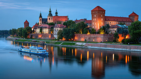 A picturesque cityscape reflects in the calm water, showcasing a cluster of buildings with red rooftops. The image is bathed in the soft light of dusk. A boat travels on the river. The composition suggests potential use for travel, architecture, and historical themes.の素材